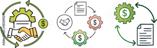 Connected cog wheels and document elements forming a symbolic business icon in bold modern line design