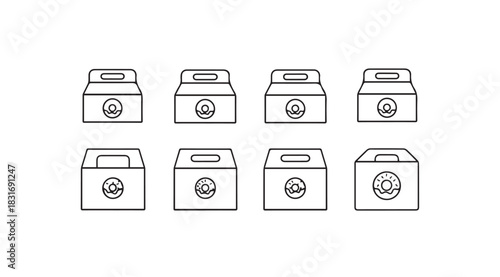 Collection of eight stylized takeaway food boxes in a simple outline silhouette