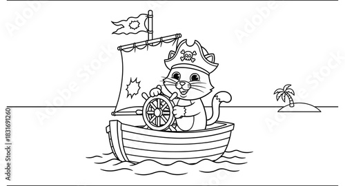 Pirate cat adventure: fun coloring page for kids with boat and island