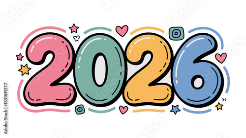 New Year 2026 Celebration: A vibrant and colorful design spells out the year 2026.