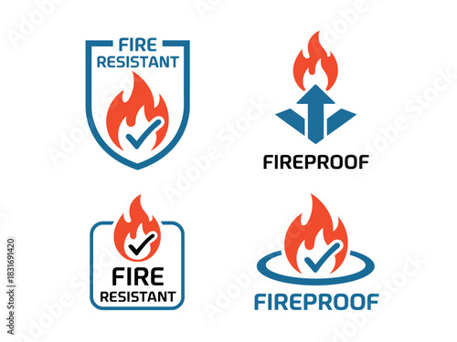 A collection of four stylized icons representing fire resistance and fireproof qualities with flames and checkmarks.