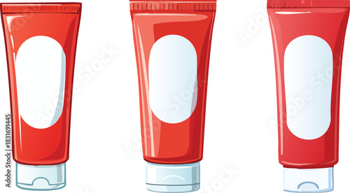 Red tube container with blank label rendered in bright playful cartoon style for modern packaging concept