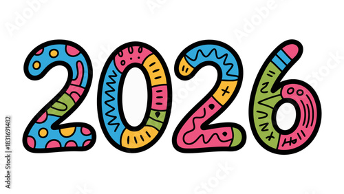 Celebrating the Year 2026: A vibrant and colorful depiction of the year 2026, creatively adorned with various patterns and designs.