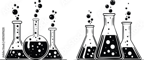 Scientific laboratory glassware with bubbling liquid drawn in minimalist monochrome line art for research themes