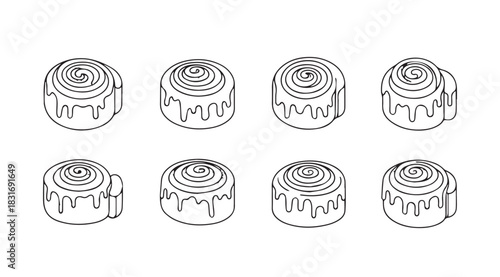 Set of eight delicious cinnamon roll pastries with icing dripping down silhouette