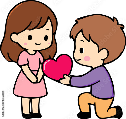 Vector Illustration Chibi Kawaii Valentine Day A Boy Gives A Heart To A Girl