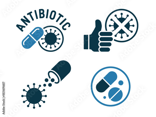 Antibiotic symbols convey protection against viruses and bacteria, showing effective treatment options and positive health outcomes.