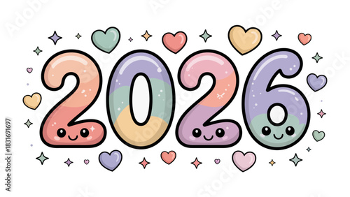 A Sweet Glimpse into 2026: An adorable and inviting visual message of the coming year 2026, where each digit is presented as a charming character, and soft colors, heart accents.