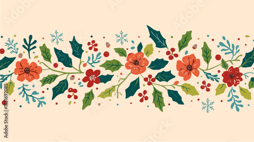 Vector illustration of a festive Christmas decoration featuring floral patterns and colorful sprinkles in a flat design style, with bold lines, vibrant hues of red, green 
