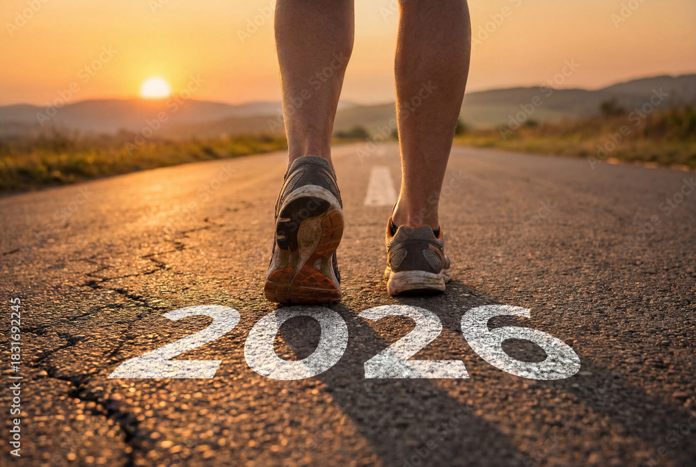 Fototapeta premium Runner stepping forward on a rural road at sunset with 2026 painted on asphalt, motivation and new year goals for fitness journey and personal progress
