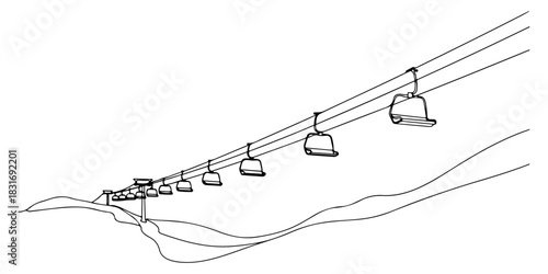 Continuous one line of cable cars on a snowy hill, symbolizing winter, hand drawn vector illustration.