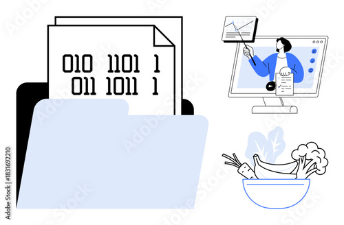 Data management. Binary documents in a folder, online training with a presenter sharing data, and healthy lifestyle symbols thumbs up vegetables and a salad bowl. For education, technology, wellness
