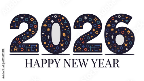 New Year's Eve: Celebrating the upcoming year, a vibrant and artistic 2026 boldly declares a Happy New Year, inviting anticipation and joy.