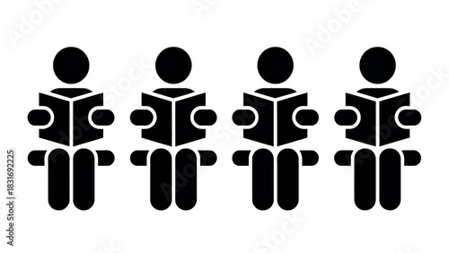 Four simplified figures are depicted reading books while seated on benches, illustrating a concept of collective learning or shared knowledge.