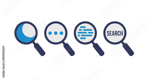 A series of four magnifying glasses illustrate the concept of searching and discovery, with each lens showing different levels of detail and information.