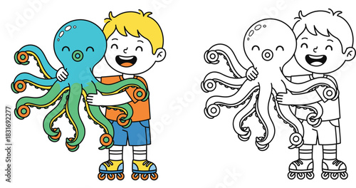 Cartoon happy boy on roller skates hugging a cute octopus with black and white coloring page outline vector illustration