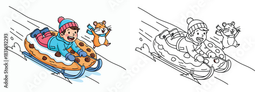 Cartoon boy and hamster sledding on a cookie sled in winter snow with black and white coloring page outline vector illustration