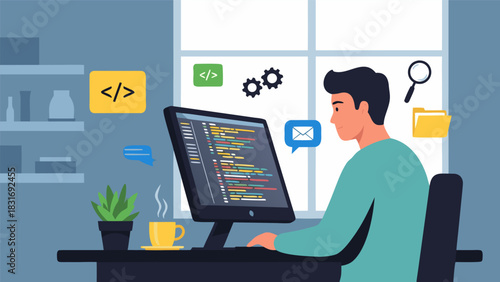 Vector illustration of a young male programmer coding on a computer screen, developing software in a modern home office workspace environment