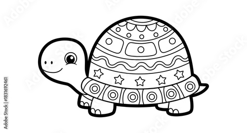 Cute black and white turtle with decorative patterns for coloring pages