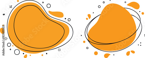 Dynamic orange abstract blob shape featuring expressive fluid splashes outlined in strong minimalist line art