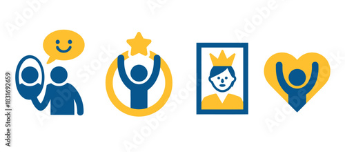 A collection of icons represents self-reflection, achievement, royalty, and love.