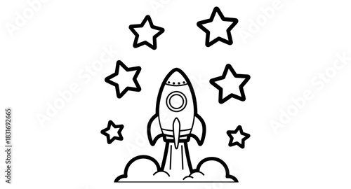 Rocket launch with stars in simple line art style