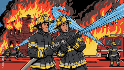 Two brave firefighters in uniform working together to extinguish a massive building fire with a powerful water hose. Vector illustration