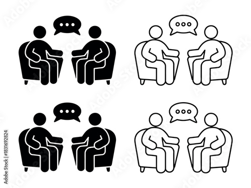 Two individuals are shown in stylized illustrations, sitting in chairs facing each other with speech bubbles above, symbolizing conversation and communication.