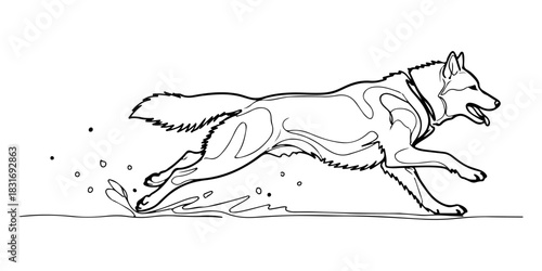 Continuous one line of a sled dog sprinting across ice,symbolizing winter adventure spirit, winter theme, hand drawn vector illustration.
