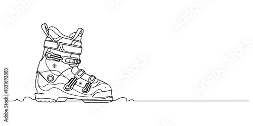 Continuous one line of a ski boot with snow elements, representing athletic equipment, winter sports theme, hand drawn vector illustration.