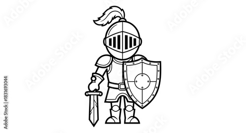 Medieval knight line art with sword and shield in black and white cartoon style