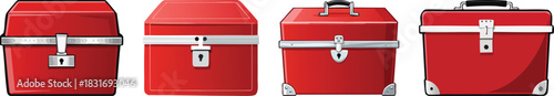 Red storage box with clasp illustrated in bright cartoon style delivering organized playful and visually bold design