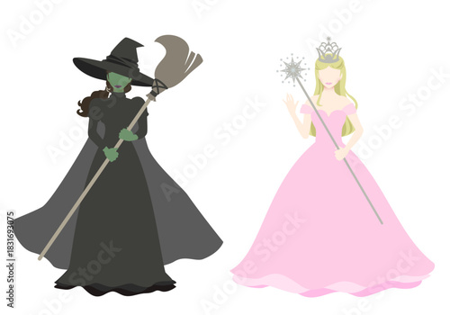 Vector illustration of a blonde good witch and a green-skinned wicked witch.Two witch characters from the Wizard of Oz in fantasy and fairy tales.	