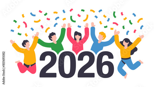 Joyful Proclamation of the New Year: A group of enthusiastic individuals leap with arms raised towards the shower of colorful confetti, celebrating the arrival of the year 2026.
