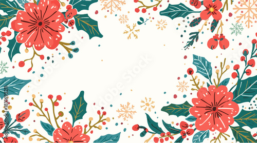 Vector illustration of a festive Christmas decoration featuring floral patterns and colorful sprinkles in a flat design style, with bold lines, vibrant hues of red