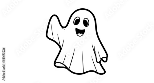 Happy ghost in simple black and white line art for halloween fun