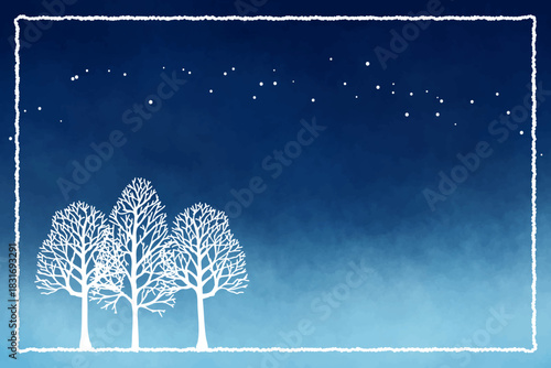 Winter night landscape with white silhouette trees, starry sky, and frosty decorative frame｜winter trees, starry sky, frosty border