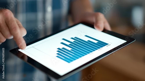 Businessman analyzes sales trends and economic growth using a tablet in a modern office setting while focusing on data visualization and strategy development