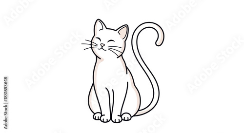 Minimalist Line Art Illustration of a Smiling Cat with Curled Tail on White Background