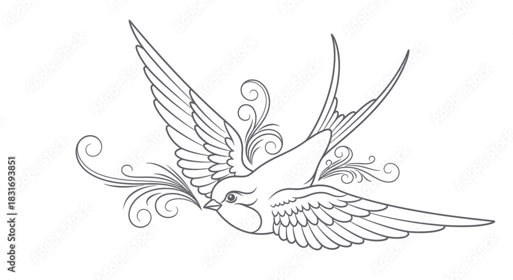 Obraz premium Intricate Line Art Illustration of a Free-Flying Bird with Elegant Swirls and detailed feathers