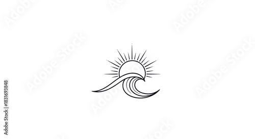 Minimalist Illustration of Sun Over Ocean Waves with Radiant Sunburst Design