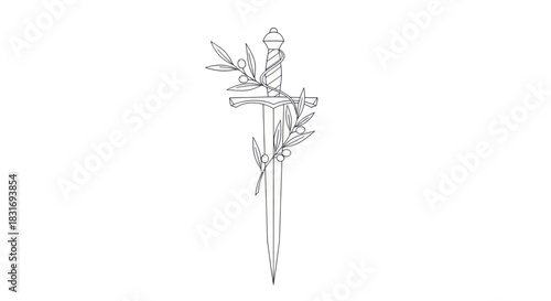 Delicate Line Drawing of a Sword Embedded in a Wooden Stick with Leafy Branches