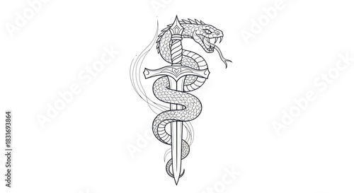 Detailed line drawing of a mythological serpent coiled around a sword with fierce dragon head