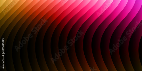 Neon ribbed fractal glass 3d background. Holographic vertical stripe pattern with vibrant purple blue yellow gradient. Abstract black bg, iridescent texture lines in radiant colors. 3D illustration	
