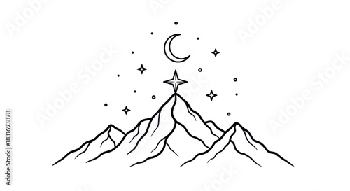 Minimalist Mountain Landscape with Celestial Elements and Night Sky Features for Relaxation and