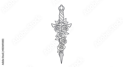 Intricate Line Art of a Sword with Floral Decorations and Fantasy Elements
