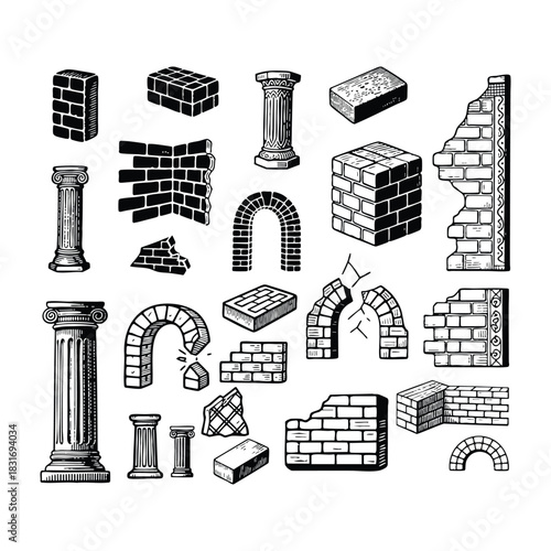 A vast collection of detailed vintage-style illustrations featuring various architectural elements, including classical columns, capitals, stone arches, and broken or stacked brick walls