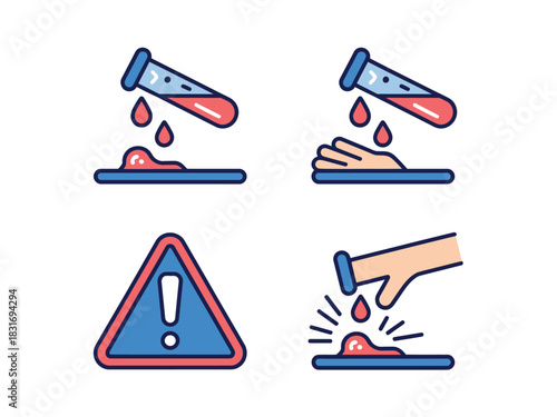 Set of icons illustrating corrosive substances, showing liquid dripping from a test tube onto a surface and hand, with a warning sign and a hand being burned by the chemical.