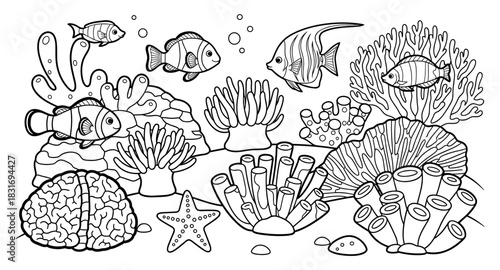 Detailed underwater coral reef with fish and marine life in black and white outline