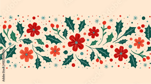 Vector illustration of a festive Christmas decoration featuring floral patterns and colorful sprinkles in a flat design style, with bold lines, vibrant hues of red